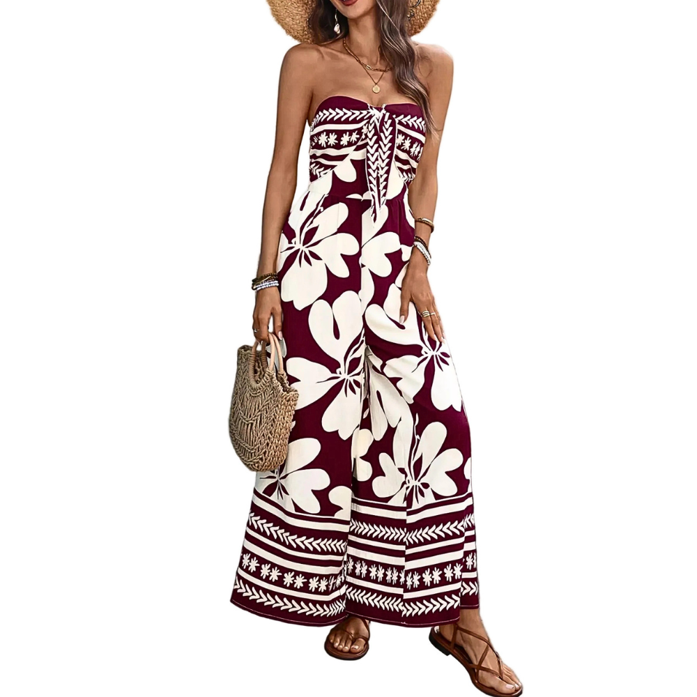 Floral Strapless Jumpsuit Wide Leg Bow Tie Bust Backless Smocked Overall