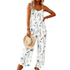 Floral White Jumpsuit Casual Sleeveless V-Neck Backless Wide Leg Long Overall