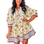 Florales Babydoll-Minikleid Gestreifte Bordüre 3/4-Ärmel Puffärmel Lockere Baumwolle Sommer