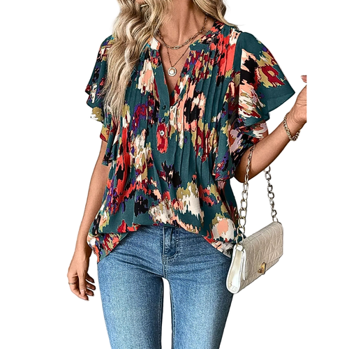 Floral Blouse Pleated V-Neck Button Ruffle Sage Green Short Sleeve Casual Top