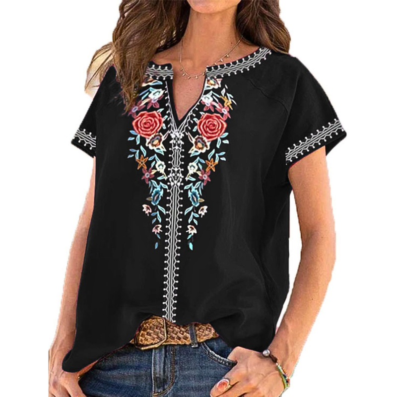 Floral Boho Blouse Boho V-Neck Stripe Contrast Trim Summer Short Sleeve Top S-5XL