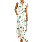 Floral Maxi Shirt Dress V-Neck Collared White Sleeveless High Waist with Pockets S-XL
