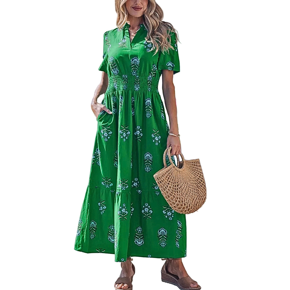 Floral Midi Dress Ruffle Smocked Waist V-Neck Dark Green Cotton Blend Pocketed
