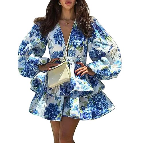 Floral Mini Dress Ruffle Layered V-Neck High Waisted Long Ballon Sleeve Casual