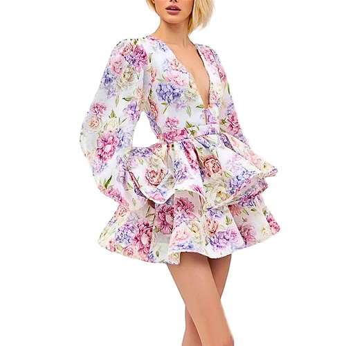 Floral Mini Dress Ruffle Layered V-Neck High Waisted Long Ballon Sleeve Casual