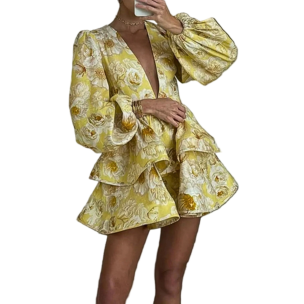 Floral Mini Dress Ruffle Layered V-Neck High Waisted Long Ballon Sleeve Casual