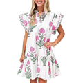 Floral Mini Dress V-Neck Ruffle Trim Cotton Blend Casual Short Flutter Sleeve