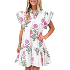 Blumiges Minikleid V-Ausschnitt Rüschenbesatz Baumwollmischung Freizeit Kurzarm-Flatterärmel