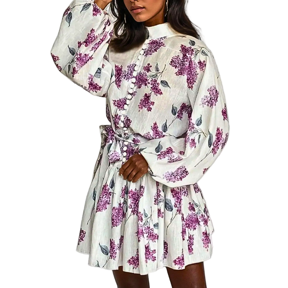 Floral Mini Shirt Dress Button Front Tie Waist Ruffle Balloon Long Sleeve Lightweight