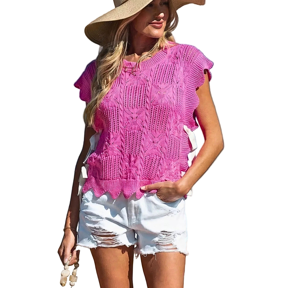 Floral Sweater Vest Bow Side Tie Open-knit Lightweight Sleeveless Fuchsia Top