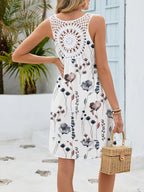 Geblümtes Minikleid V-Ausschnitt Häkelspitze Rückenfrei Ärmellos Rüschen Casual Boho Sommer