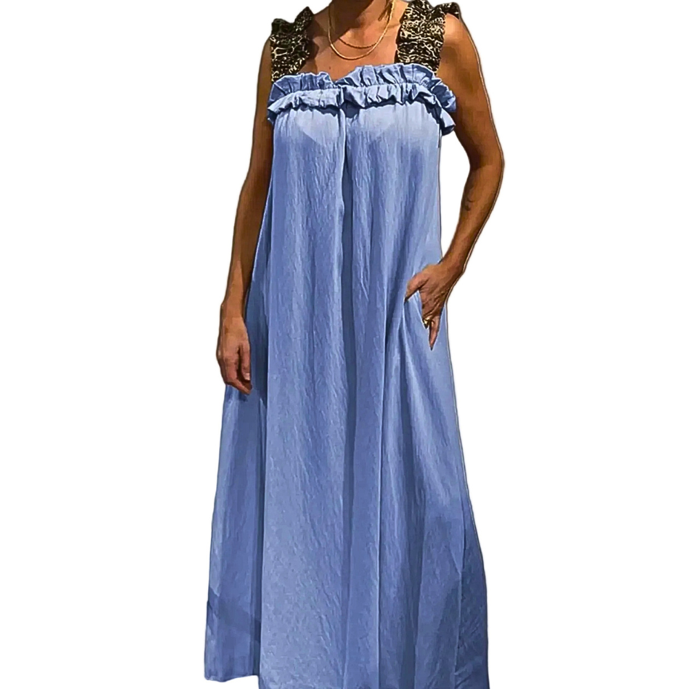 Flowy Maxi Dress Ruffled Wide Straps Square Neck Oversized with Pockets S-5XL