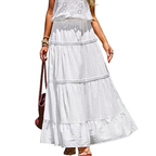 Flowy Maxi Skirt White Ruffle Layered Drawstring Waist A-Line Long Summer Skirts