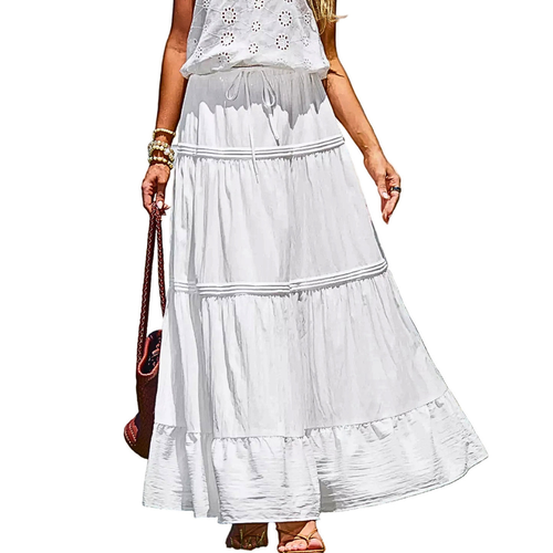 Flowy Maxi Skirt White Ruffle Layered Drawstring Waist A-Line Long Summer Skirts