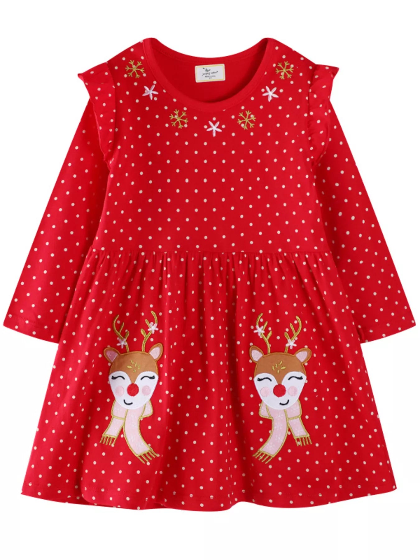 Girl's Christmas Dress Red Reindeer Polka Dot Long Sleeve with Ruffle Red Girl_s_Christmas_Dress_Red_Reindeer_Polka_Dot_Long_Sleeve_with_Ruffle Trendsi