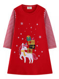 Girl's Christmas Dress Red Unicorn & Gifts Long Striped Sleeve Dress Red Girl_s_Christmas_Dress_Red_Unicorn_Gifts_Long_Striped_Sleeve_Dress Trendsi