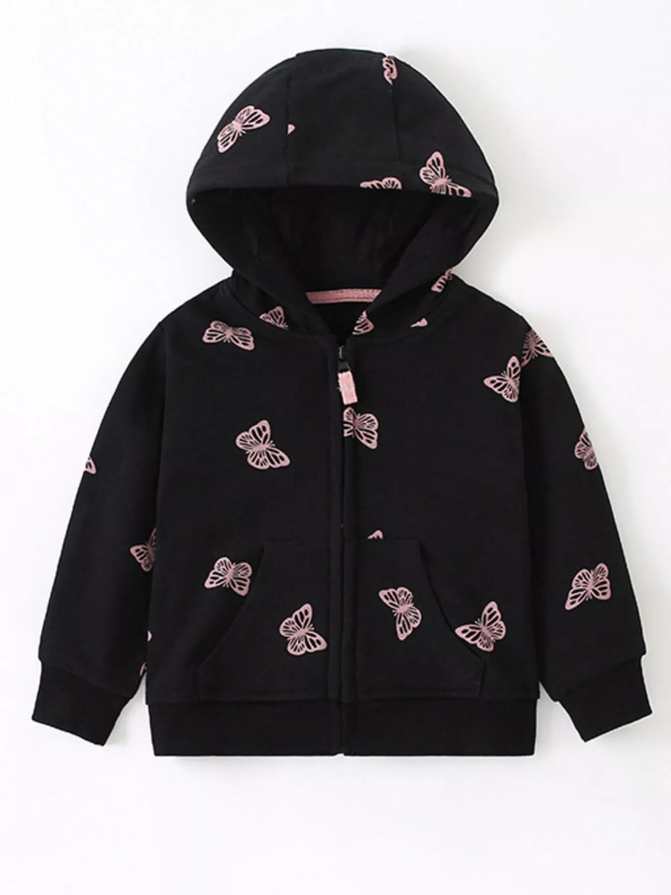 Girl's Hoodie Black Children's Pink Butterfly Zip-Up Long Sleeve Black Girl_s_Hoodie_Black_Children_s_Pink_Butterfly_Zip-Up_Long_Sleeve Trendsi