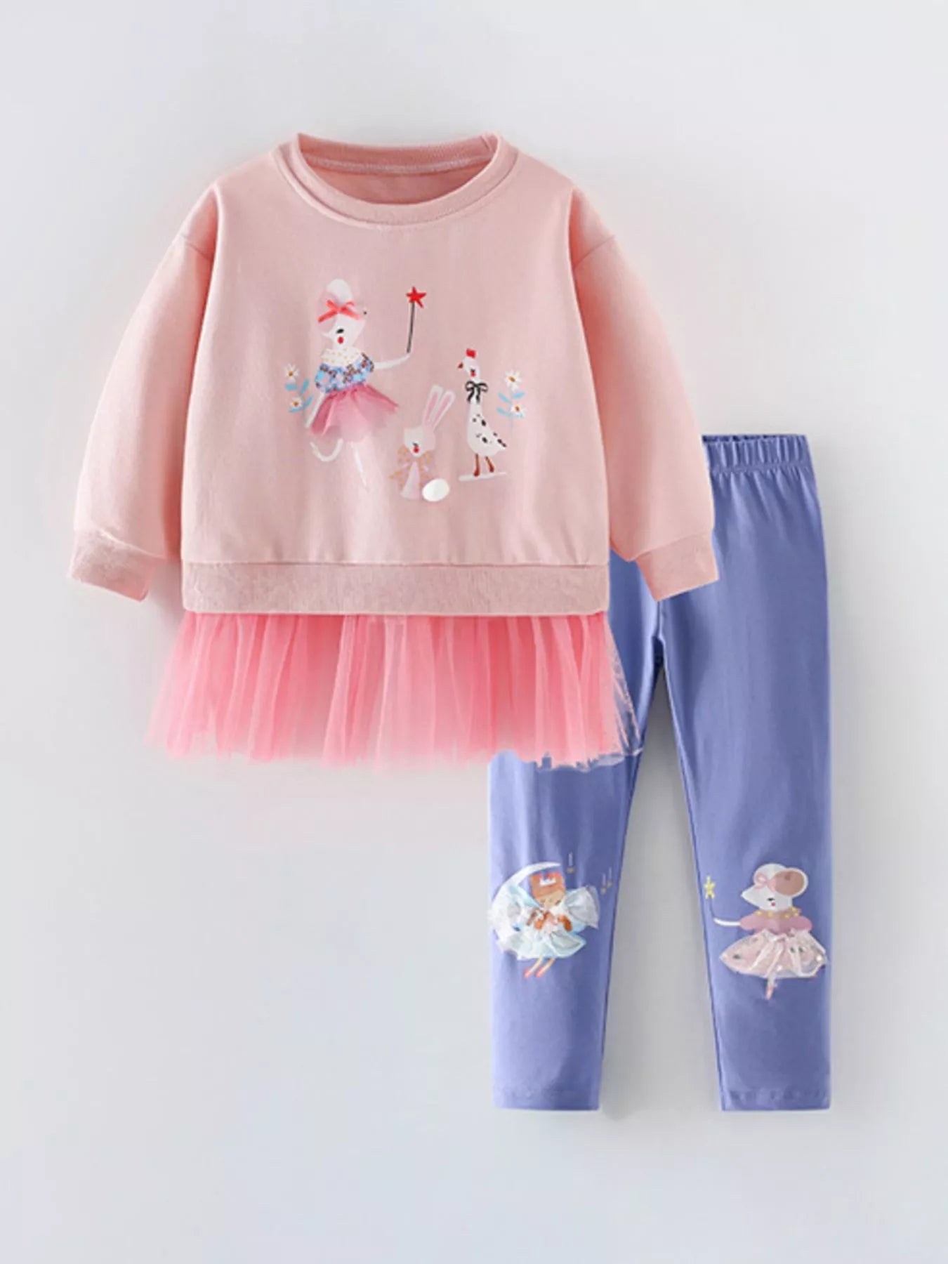 Girl's Outfit Set Dusty Pink Cartoon Tulle Hem Top and Pants for Children Dusty Pink Girl_s_Outfit_Set_Dusty_Pink_Cartoon_Tulle_Hem_Top_and_Pants_for_Children Trendsi