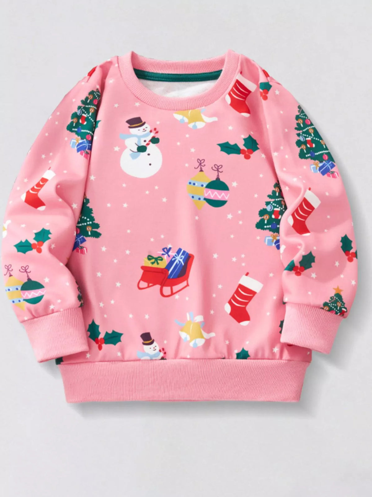 Children's Christmas Print Crew Neck Sweatshirt Pink