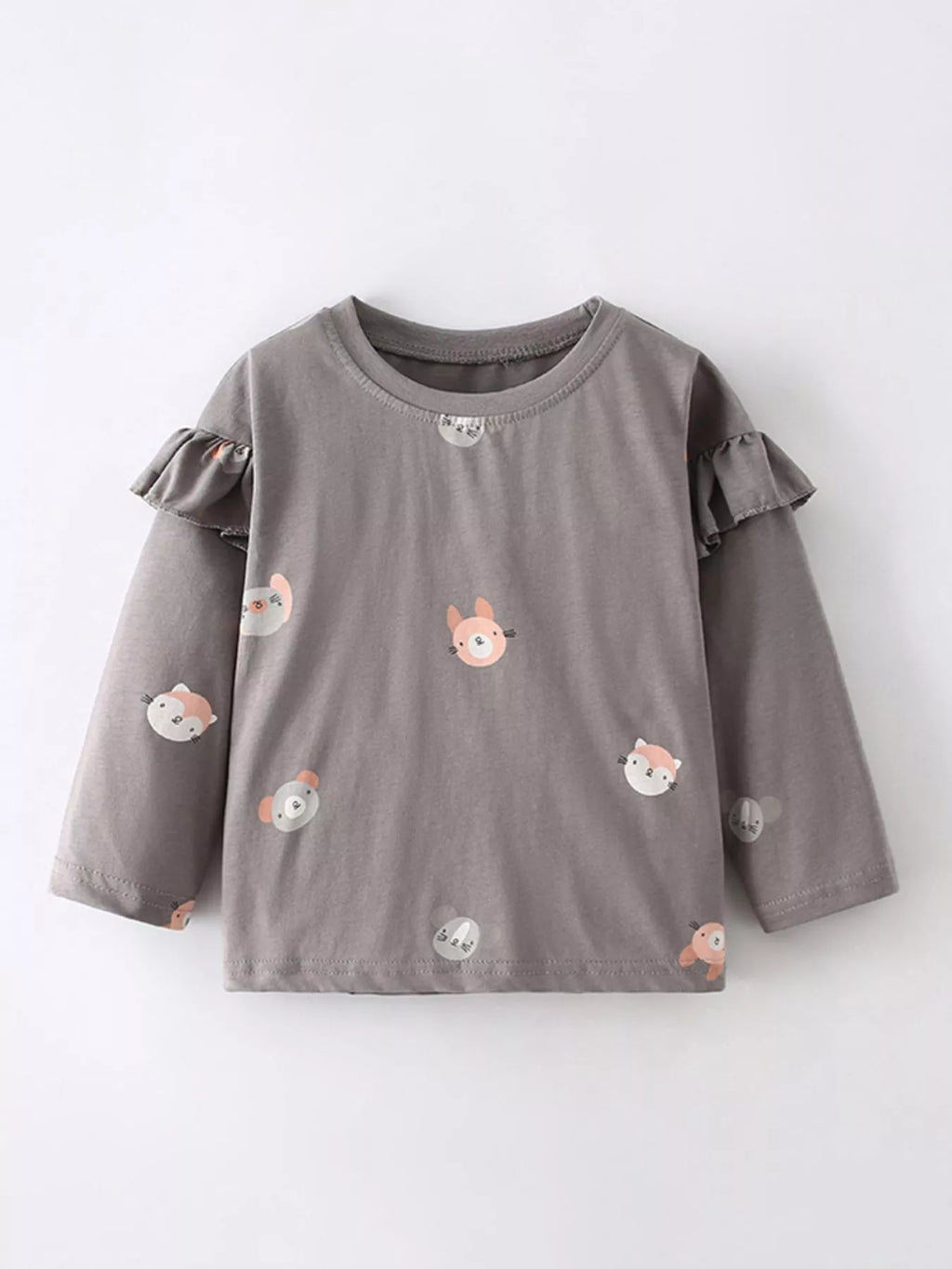 Girls T-Shirt Cute Animal Print Ruffle Long Sleeve for Children Dark Gray Girls_T-Shirt_Cute_Animal_Print_Ruffle_Long_Sleeve_for_Children Trendsi