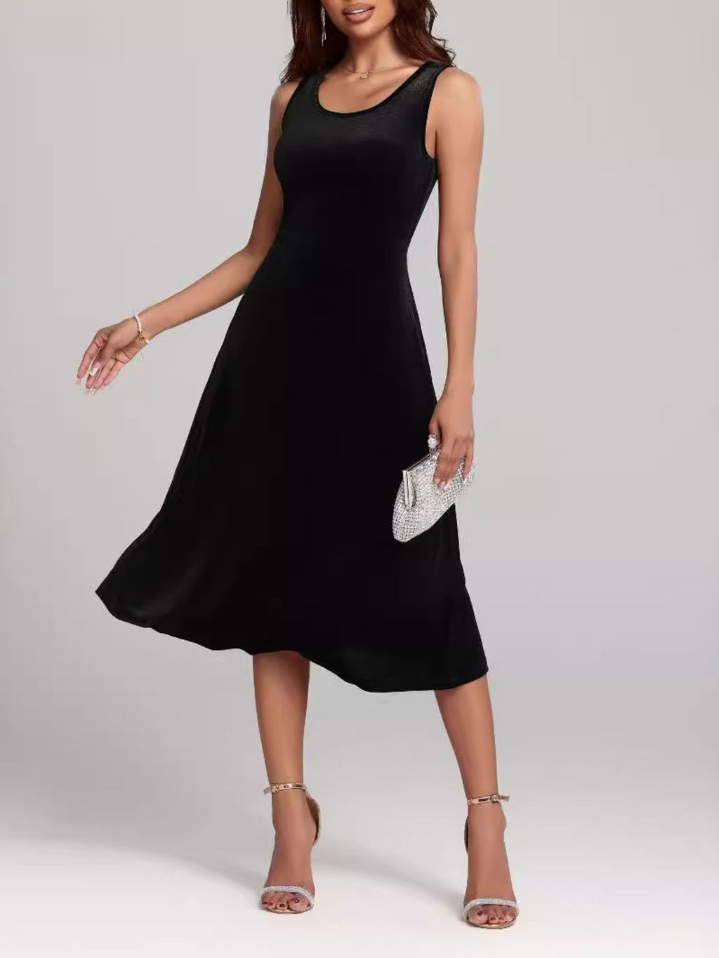 Velvet Midi Dress Round Neck Cotton Sleeveless A-Line Party Elegent Style