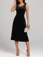 Velvet Midi Dress Round Neck Cotton Sleeveless A-Line Party Elegent Style