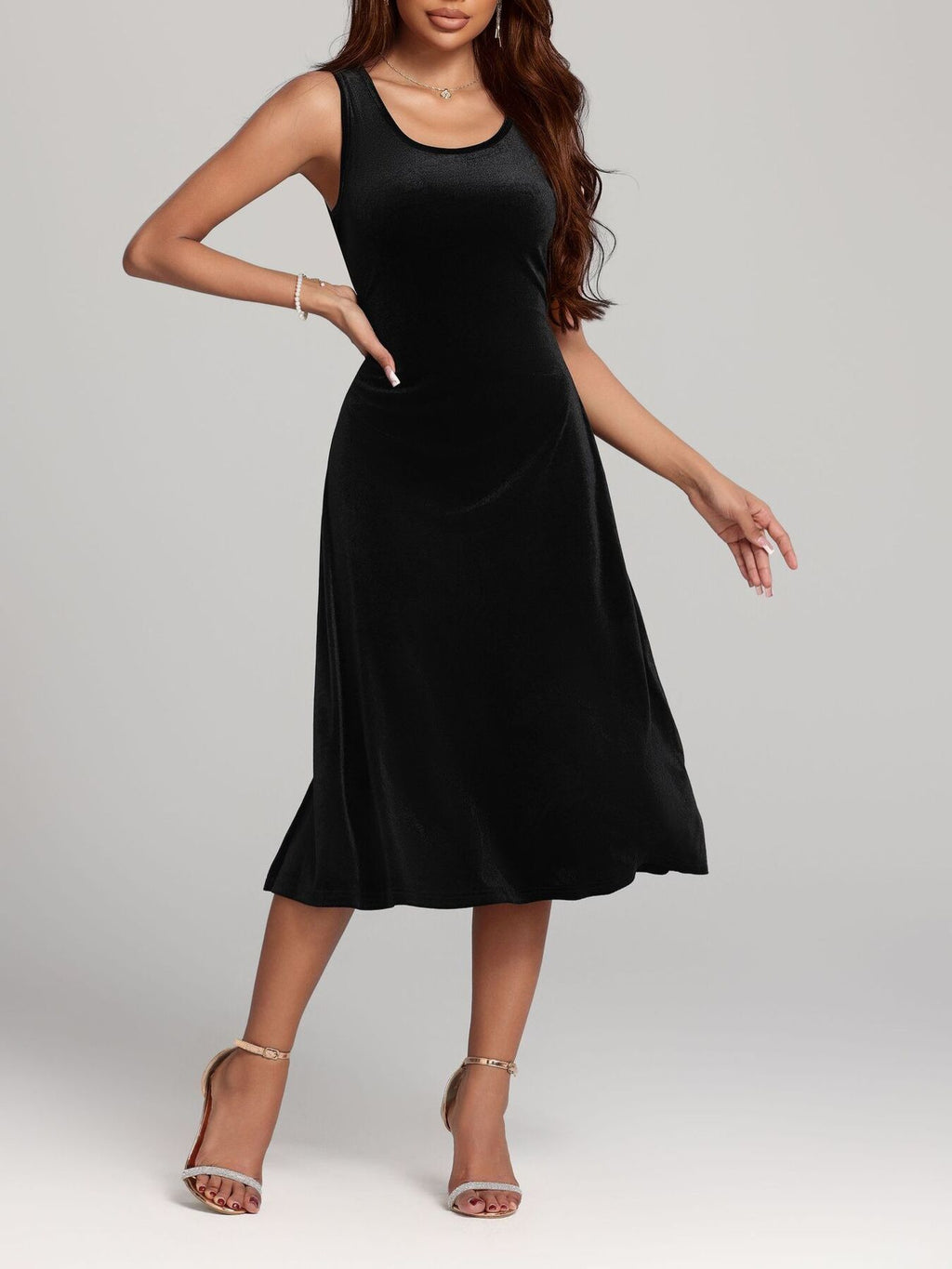 Velvet Midi Dress Round Neck Cotton Sleeveless A-Line Party Elegent Style