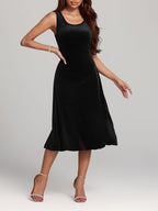 Velvet Midi Dress Round Neck Cotton Sleeveless A-Line Party Elegent Style
