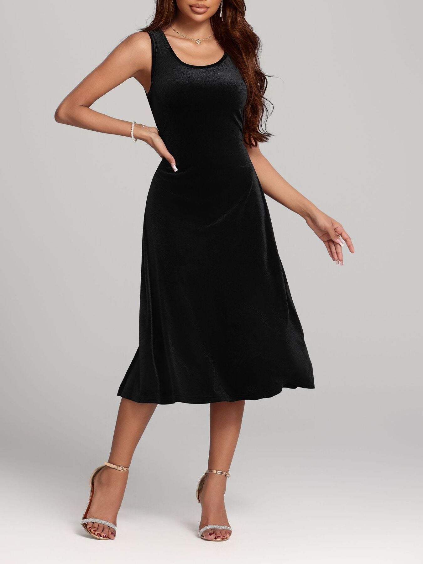 Velvet Midi Dress Round Neck Cotton Sleeveless A-Line Party Elegent Style