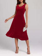 Velvet Midi Dress Round Neck Cotton Sleeveless A-Line Party Elegent Style