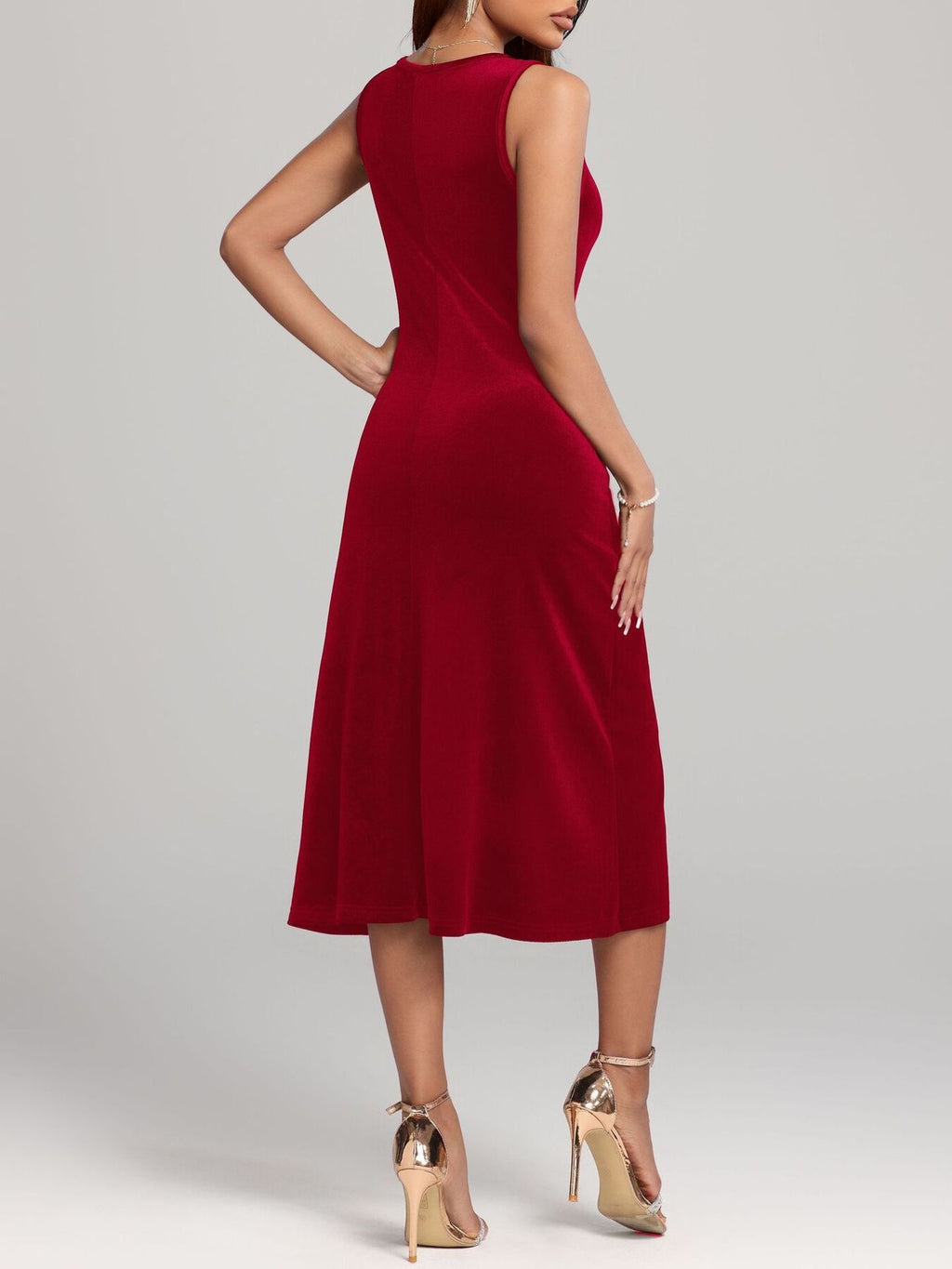 Velvet Midi Dress Round Neck Cotton Sleeveless A-Line Party Elegent Style