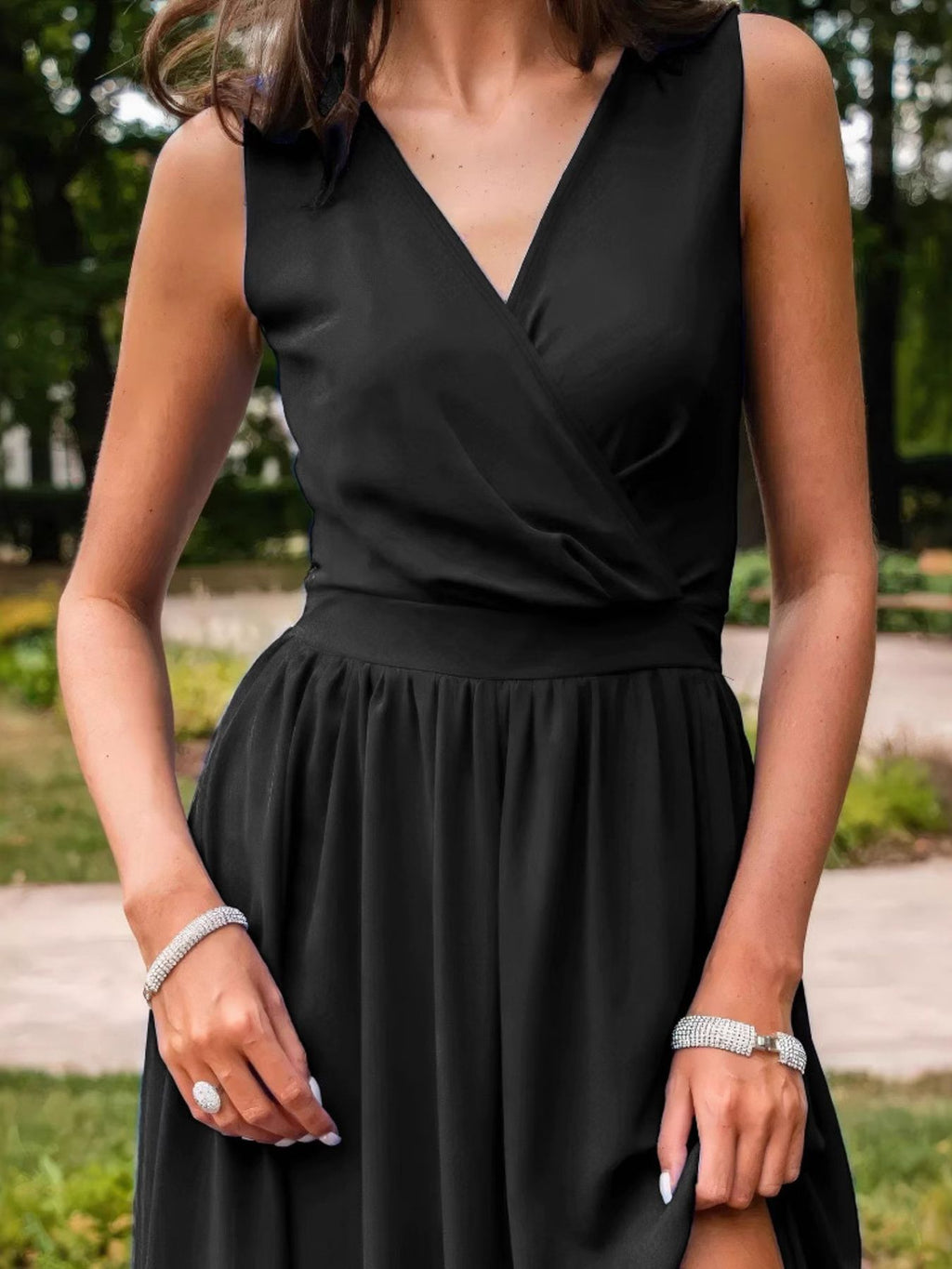 Black Maxi Dress Sleeveless V-Neck Side Slit Ruffle High Waist Party Dress
