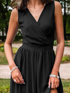 Black Maxi Dress Sleeveless V-Neck Side Slit Ruffle High Waist Party Dress