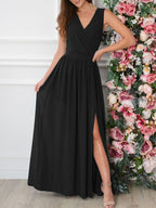 Black Maxi Dress Sleeveless V-Neck Side Slit Ruffle High Waist Party Dress