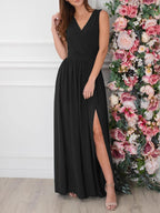 Black Maxi Dress Sleeveless V-Neck Side Slit Ruffle High Waist Party Dress