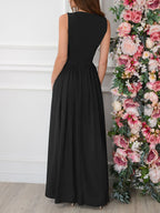 Black Maxi Dress Sleeveless V-Neck Side Slit Ruffle High Waist Party Dress