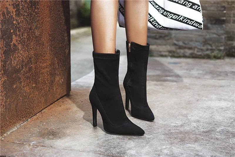 Women’s High Heel Sock Ankle Boots – Pointed Toe, Plus Size