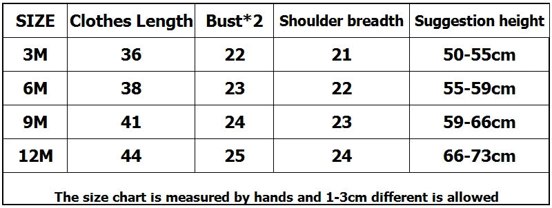 Black and white size chart listing measurements in centimeters for sizes 3M to 12M with hand measurement note