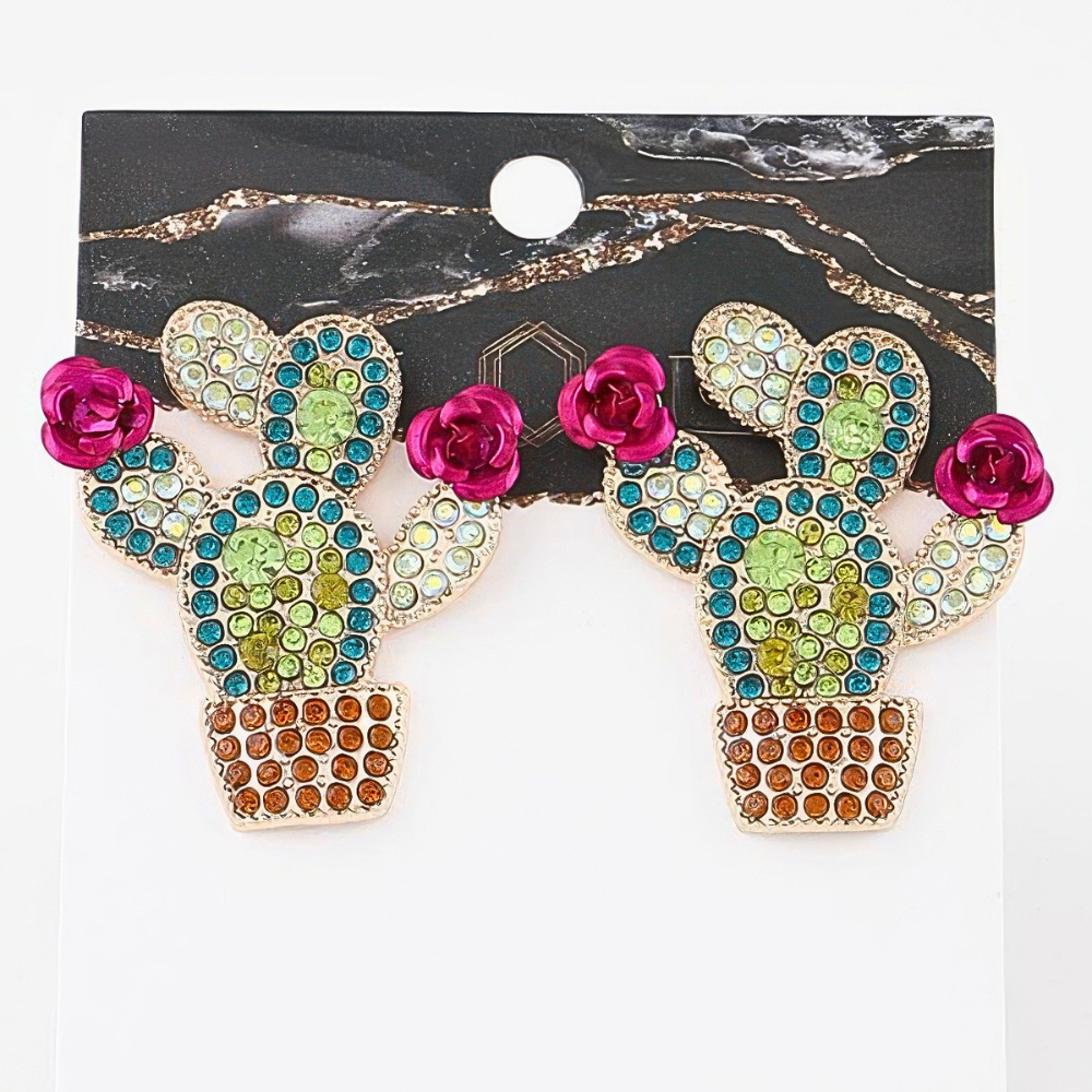 HD ACCESSORIES Cactus Stud Earrings Colorful Rhinestone Fashion Jewelry