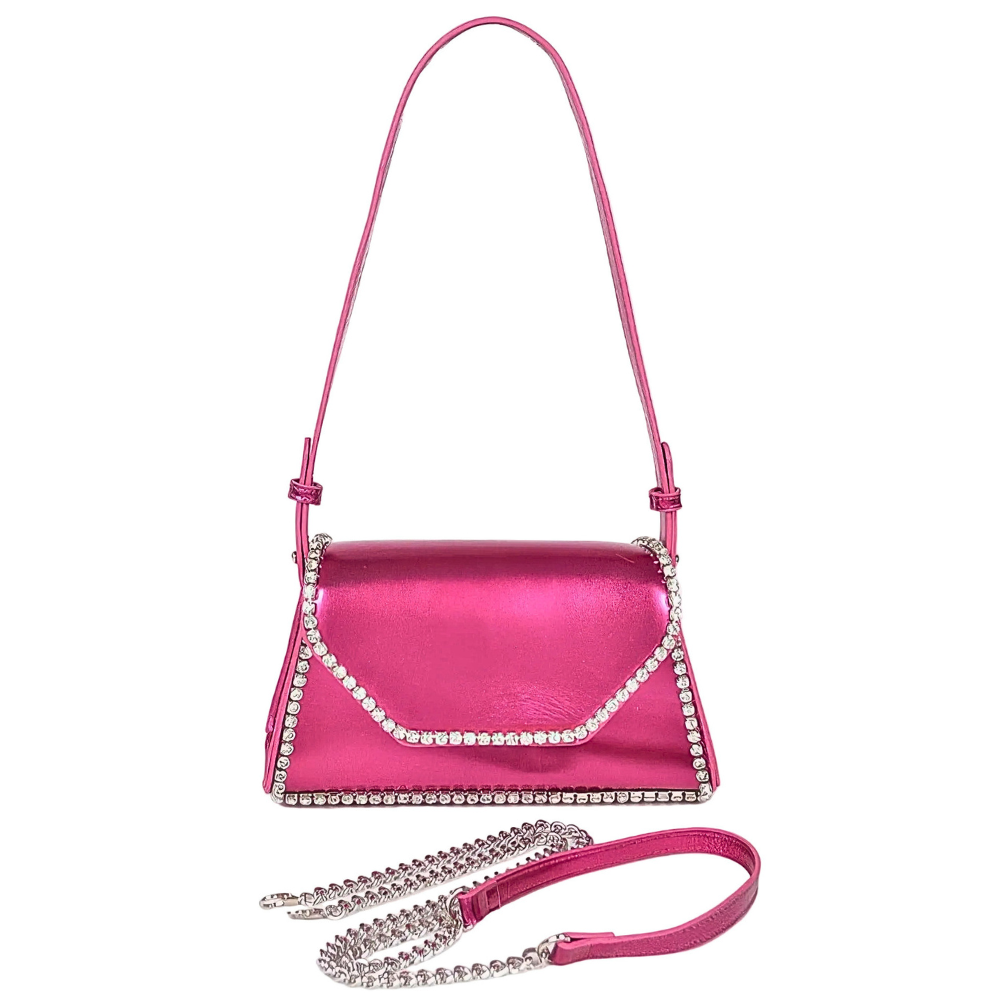 HD ACCESSORIES Metallic PU Flap Bag Rhinestone Trim Beaded Chain Crossbody