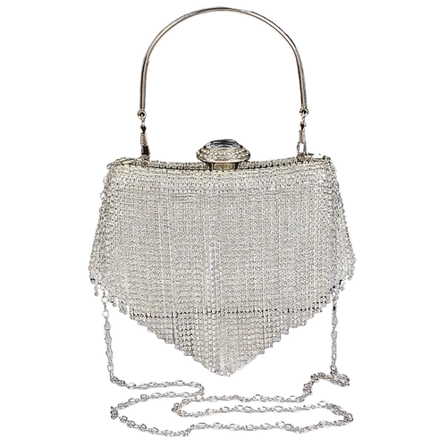 HD ACCESSORIES Party Clutch Rhinestone Tassle Diamond Buckle Fringe Chain Purse silver