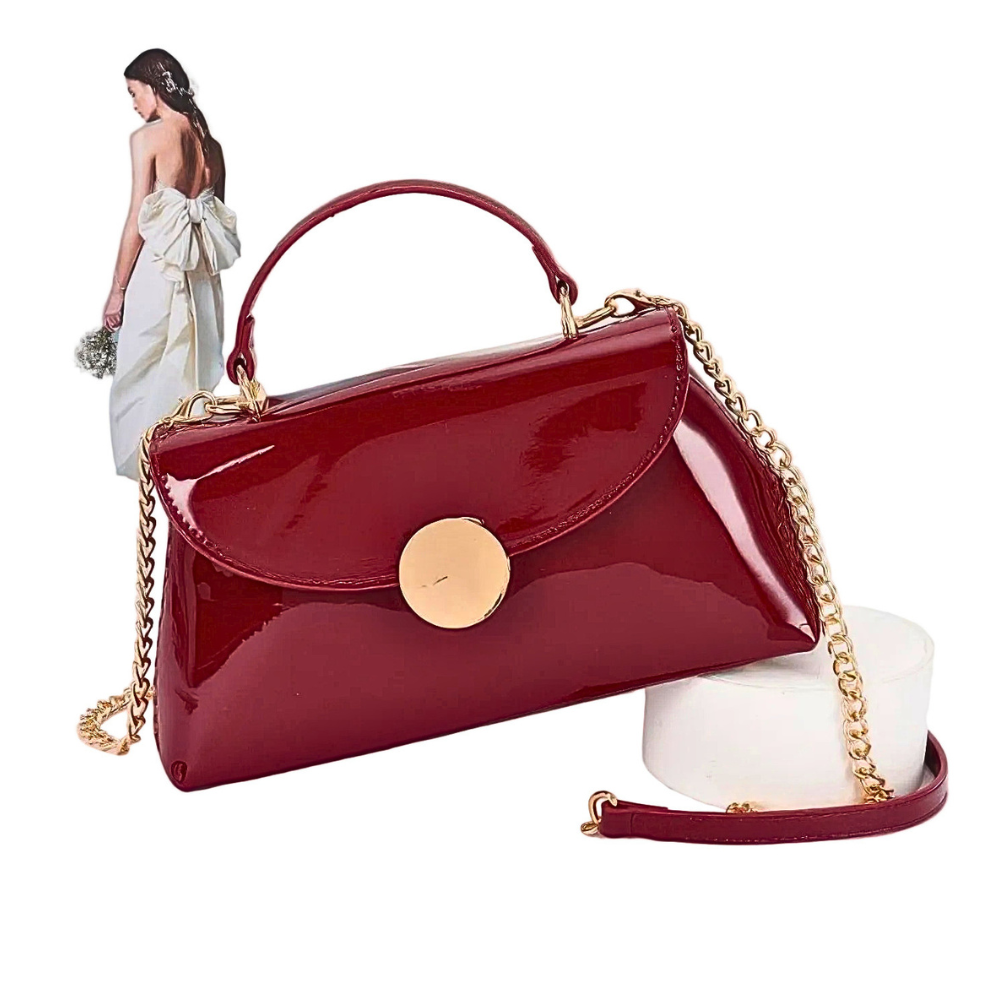 HD ACCESSORIES Patent Faux Leather Top Handle Bag Chain Strap Elegant Crossbody