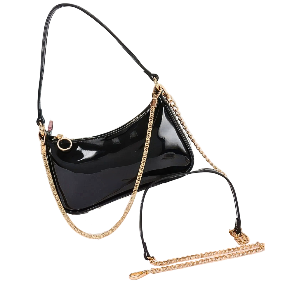 HD ACCESSORIES Patent Vegan Leather Chain Shoulder Bag Glossy Small Zipper Bags