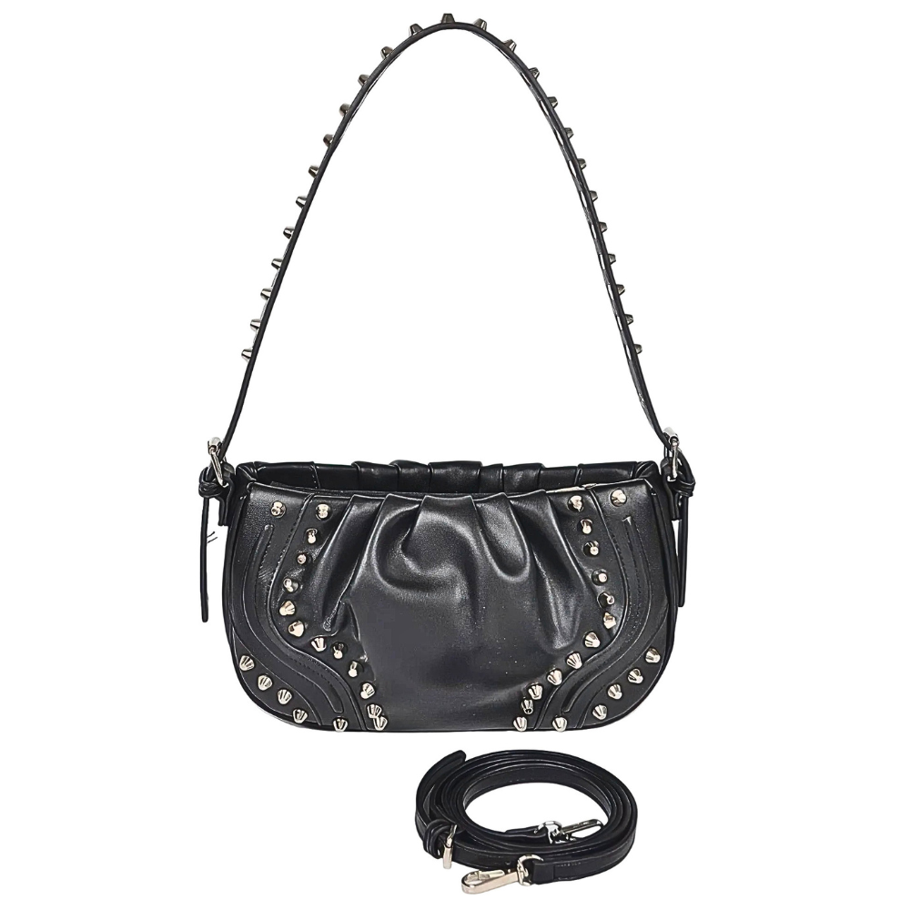HD ACCESSORIES Pu Leather Shoulder Bag Studded Pleated Retro Zip Handbags