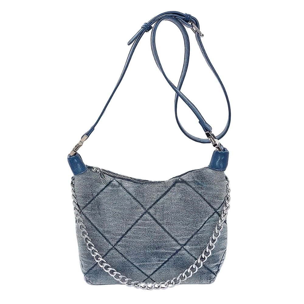 HD ACCESSORIES Quilted Denim Crossbody Bag Thick Chain Zip Shoulder Purses