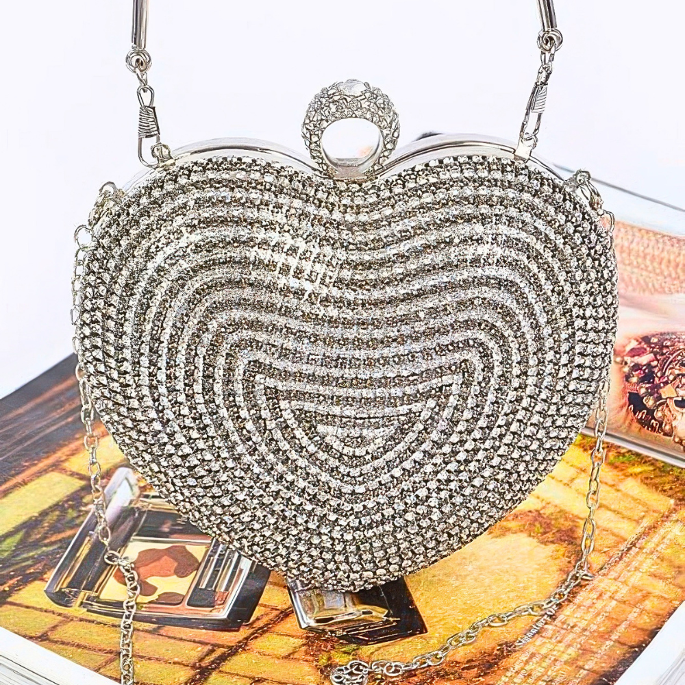 HD ACCESSORIES Rhinestone Heart-Shaped Party Clutch Bag Chain Strap Crossbody