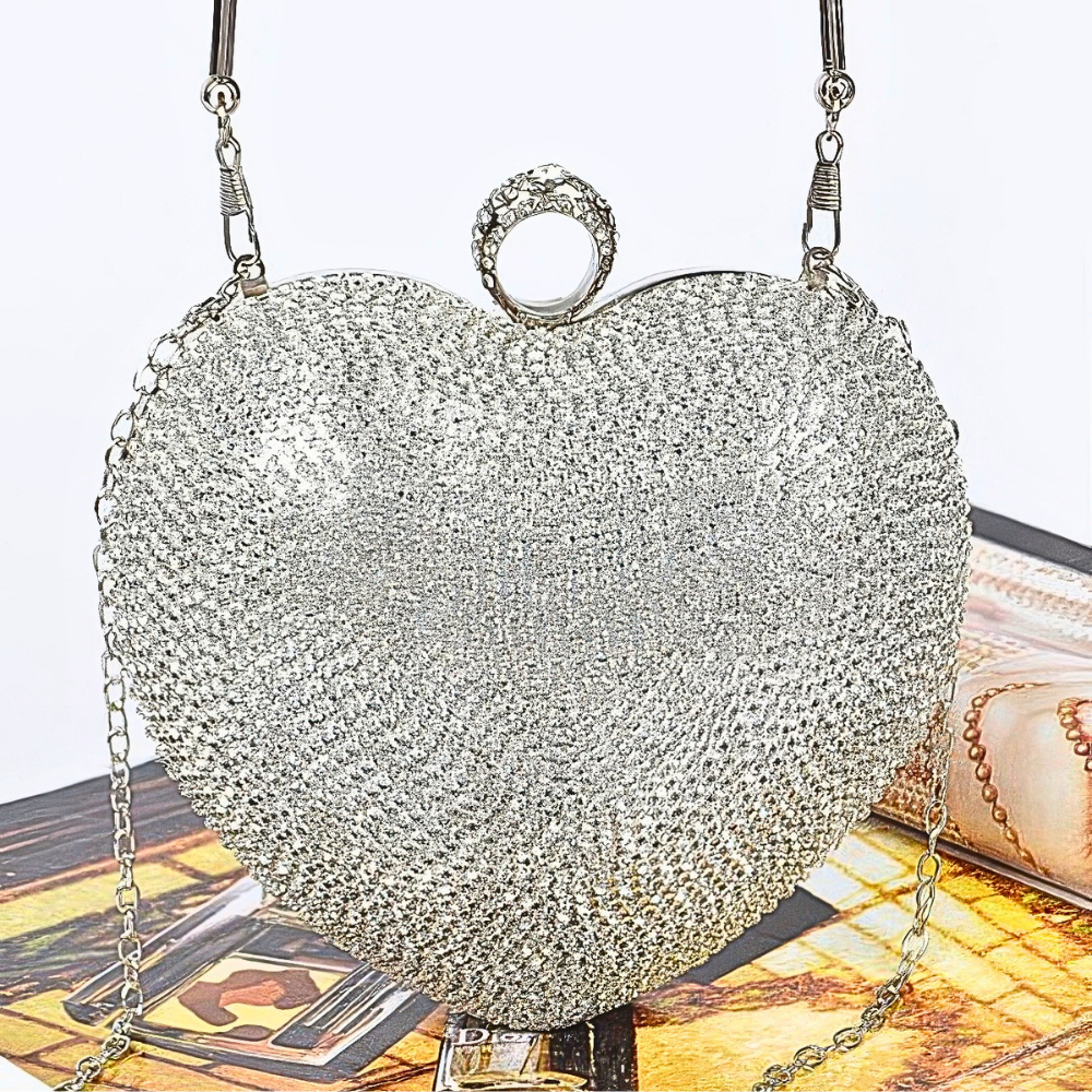HD ACCESSORIES Rhinestone Heart-Shaped Party Clutch Bag Chain Strap Crossbody silver
