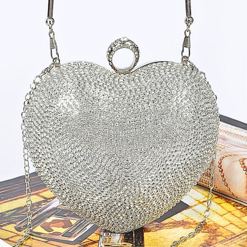 HD ACCESSORIES Rhinestone Heart-Shaped Party Clutch Bag Chain Strap Crossbody silver
