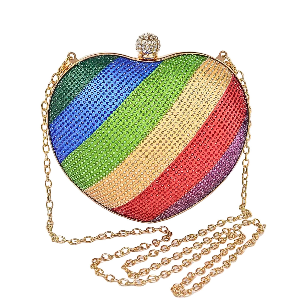 HD ACCESSORIES Rhinestone Round Clutch Rainbow Stripe Chain Strap Crossbody