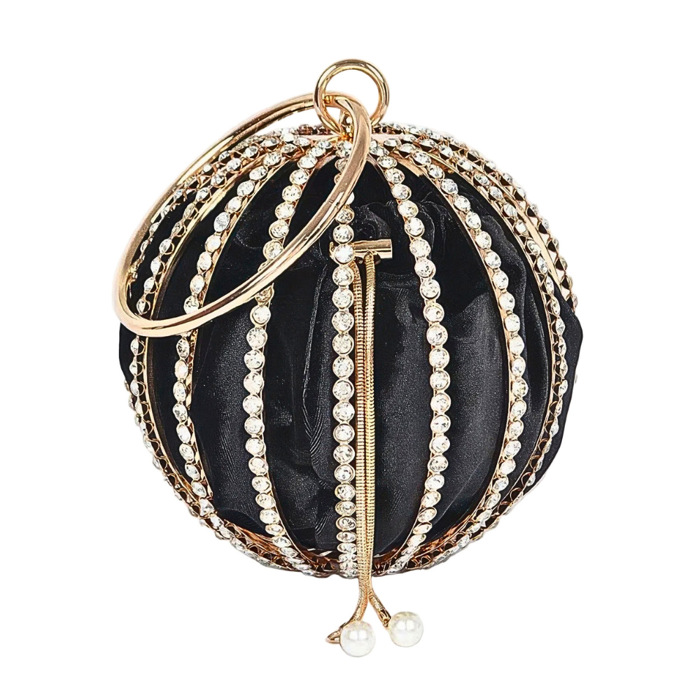 HD ACCESSORIES Round Cage Party Bag Rhinestone Satin Pounch Wrist Handle Bag